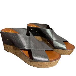 ‎Madeline Adonis silver cross strap brass studded cork heels - 8M